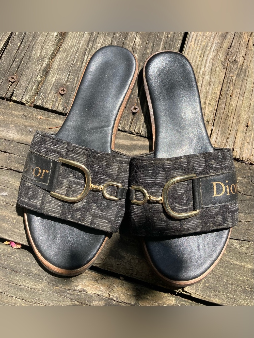 Black Jacquard Slide Sandals with Gold Hardware